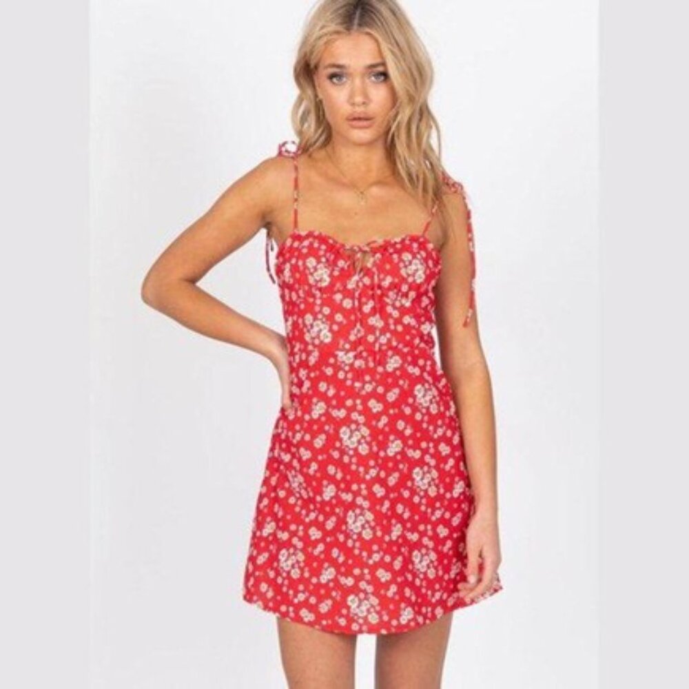 White Fox Boutique Red Floral Adjustable Spaghetti Strap Dress (XS) - Picture 1 of 8